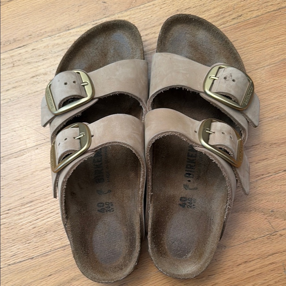 Birkenstock Kids Arizona Sandals in Taupe Suede with Brass Buckles
